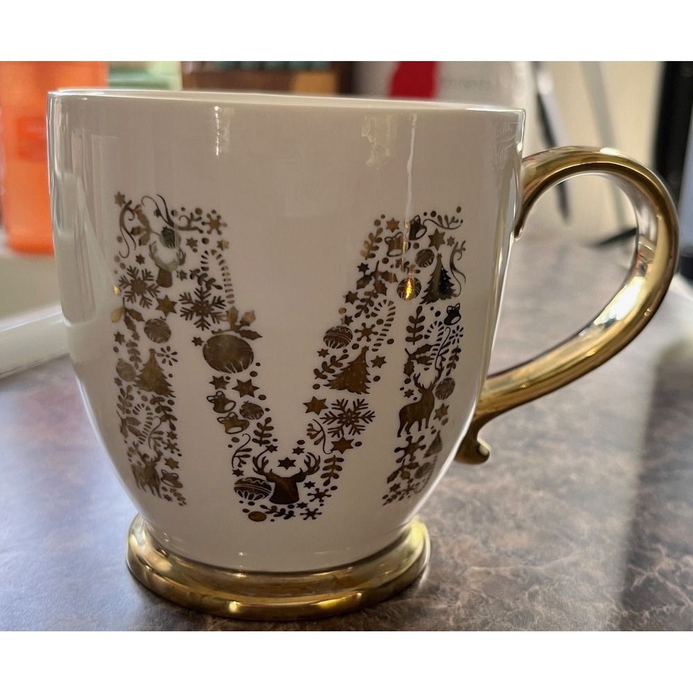 Monogram "M" mug in white with gold handle and gold M Ciroa Vintage